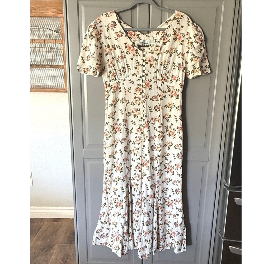 Marnie West Vintage Cottagecore Floral V-Neck Button Front Midi Dress,Cream, 9